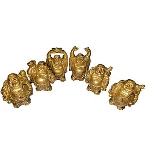 Set of 6 Golden Laughing Buddha Statues Hotei Wealth Happiness Feng Shui Decor